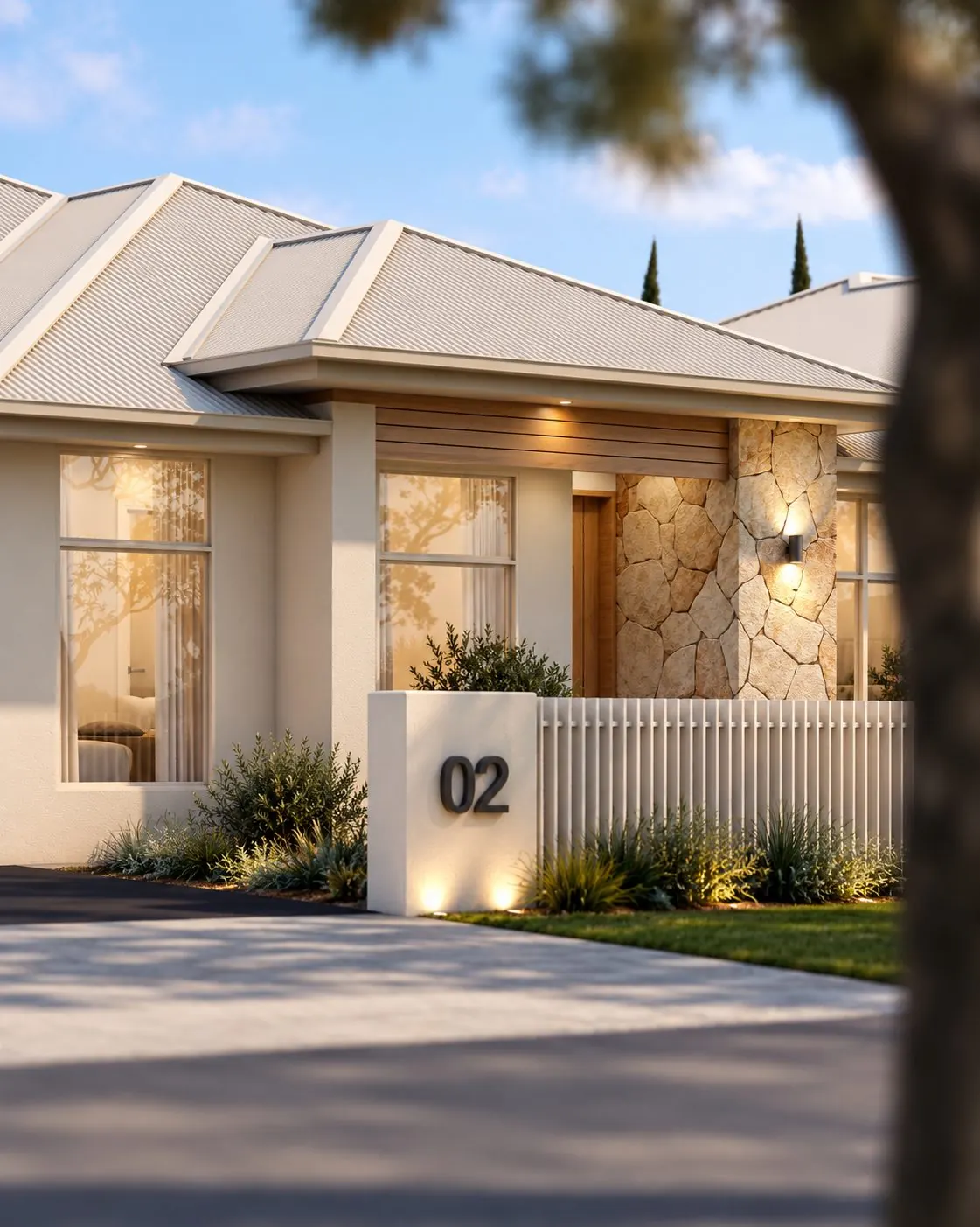 Render of a single-storey home with stone feature wall